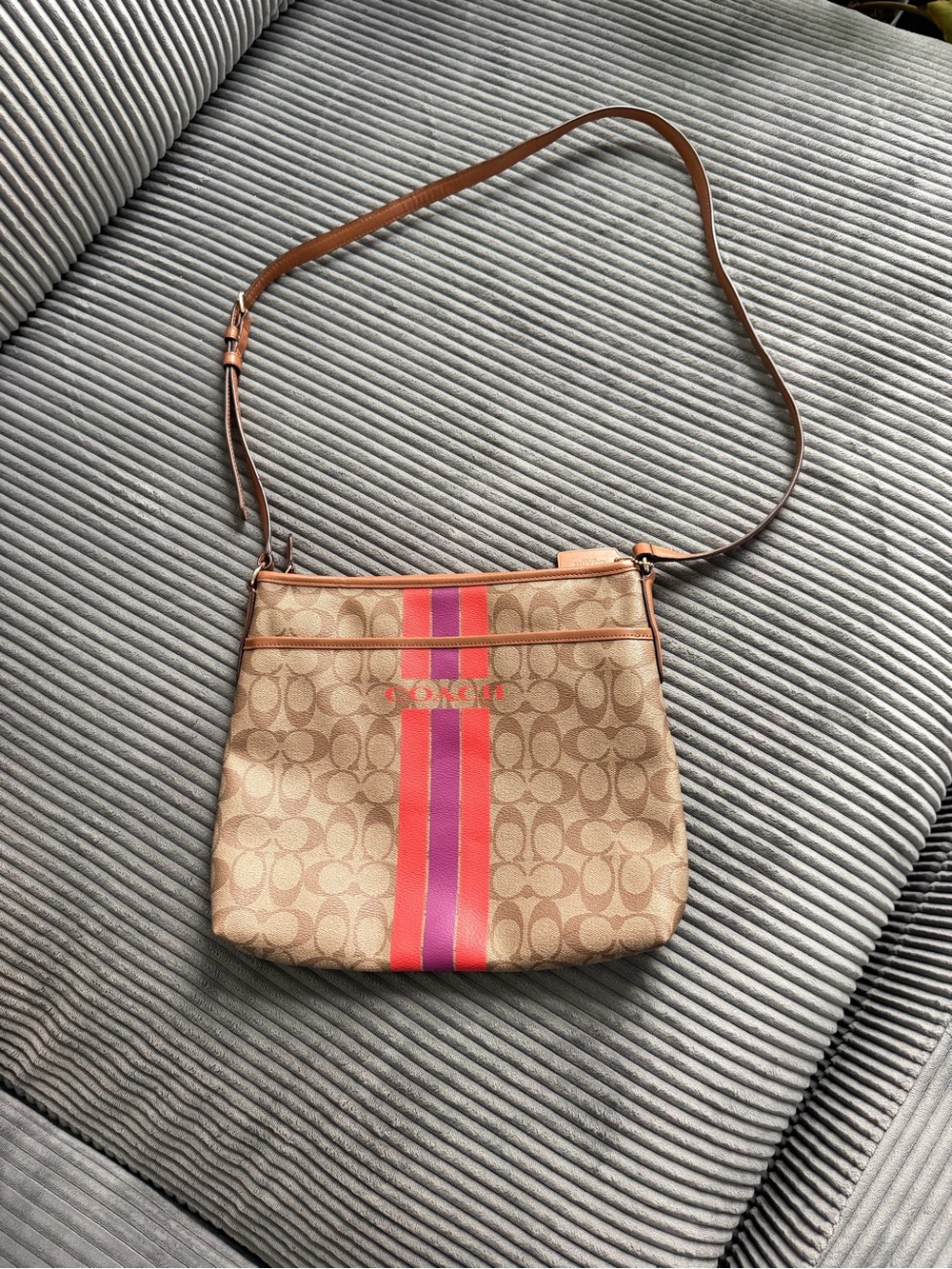 Coach Tan Signature Crossbody with Pink and Coral Stripe